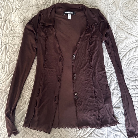 Urban Outfitters Mesh Sheer Chocolate Brown Button Top XS - Picture 2 of 6